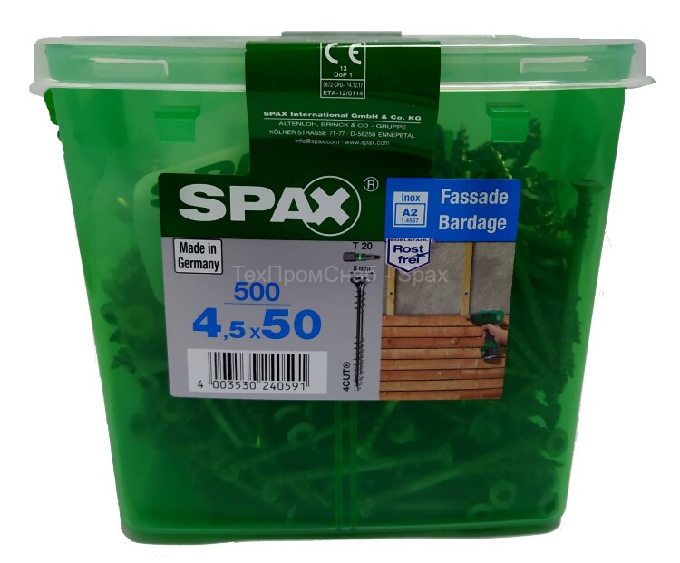 Spax для фасадов 4,5x50 мм 4547000450509 (500 шт/упак.) - двойная резьба, A2, бита T20