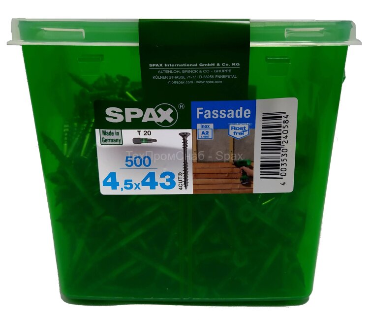 Spax для фасадов 4,5x43 мм 4547000450439 (500 шт/упак.) - двойная резьба, A2, бита T20