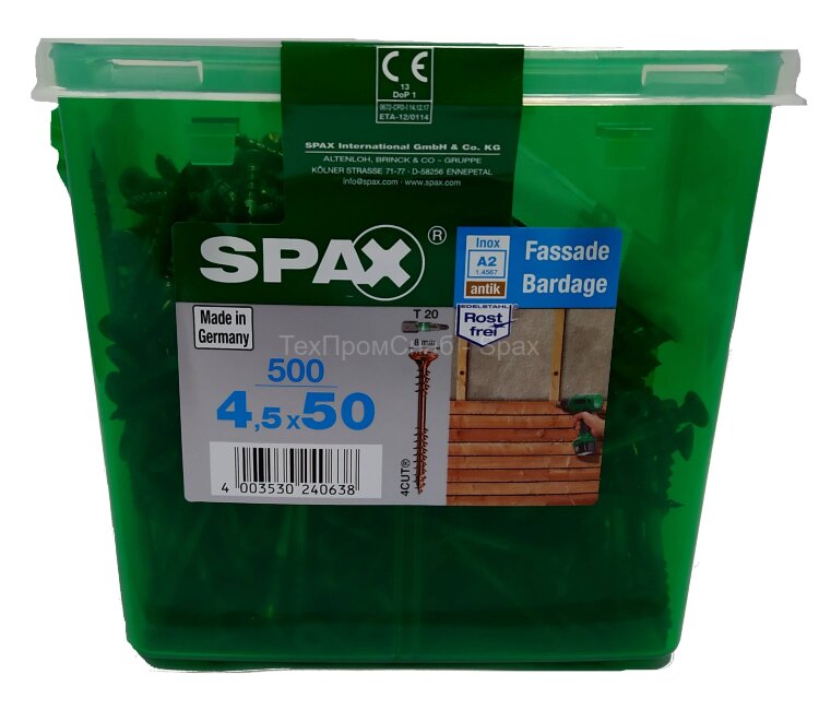 Spax для фасадов 4,5x50 мм 4547140450509 (500 шт/упак.) - двойная резьба, A2, бита T20, антик