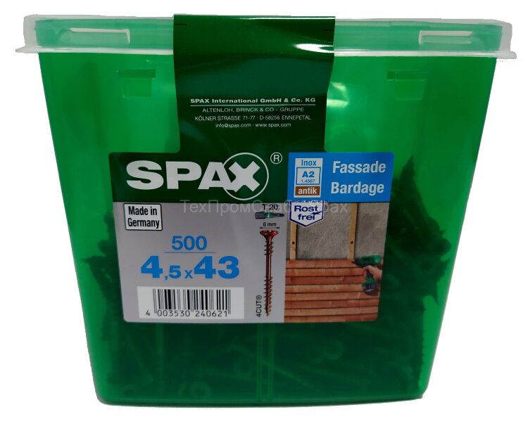 Spax для фасадов 4,5x43 мм 4547140450439 (500 шт/упак.) - двойная резьба, A2, бита T20, антик